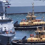 The Chinese destroyer Tangshan (122) and Russian corvette Stoikiy (545) docked at Simon's Town naval base, South Africa, for the Will for Peace 2026 drills.