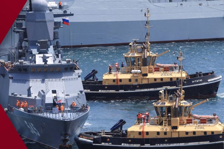 The Chinese destroyer Tangshan (122) and Russian corvette Stoikiy (545) docked at Simon's Town naval base, South Africa, for the Will for Peace 2026 drills.