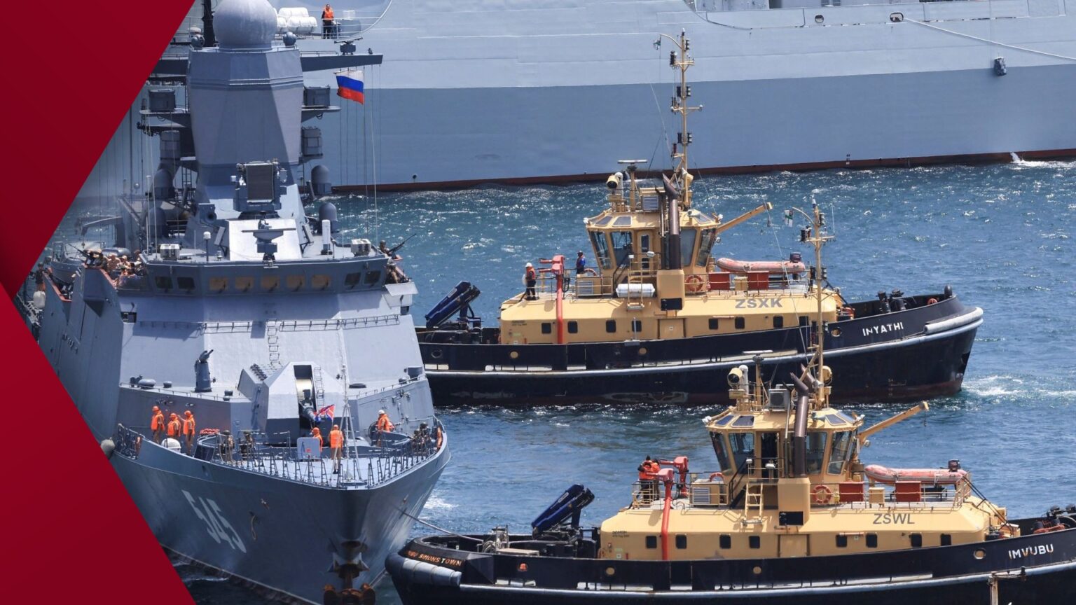 The Chinese destroyer Tangshan (122) and Russian corvette Stoikiy (545) docked at Simon's Town naval base, South Africa, for the Will for Peace 2026 drills.