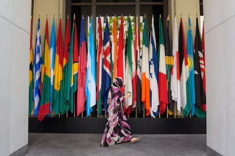 A woman walks by a long row of flags at the IMF building during the 2026 annual IMF/World Bank Spring Meetings in Washington, D.C., U.S., April 16, 2026. REUTERS/Ken Cedeno/File Photo